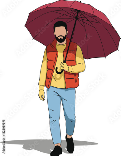 Rainy day walking illustration, person with maroon umbrella and casual outfit, weather protection concept, vector character drawing art