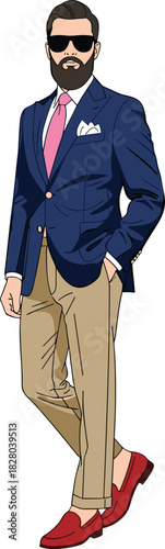Stylish menswear illustration, modern formal outfit, navy blazer and pink tie, red loafers fashion, relaxed pose vector art
