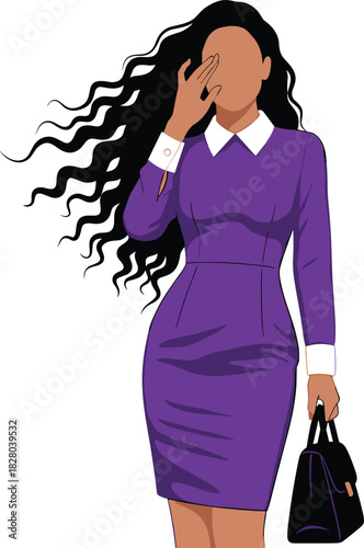 Stylish purple dress illustration, modern fashion pose, white collar detail, black handbag accessory, abstract character vector drawing