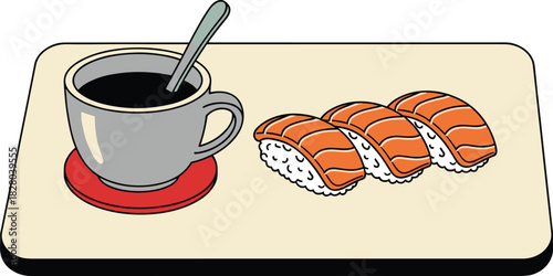 Sushi and coffee fusion illustration, serving tray with salmon nigiri and black coffee cup, cultural contrast vector food art