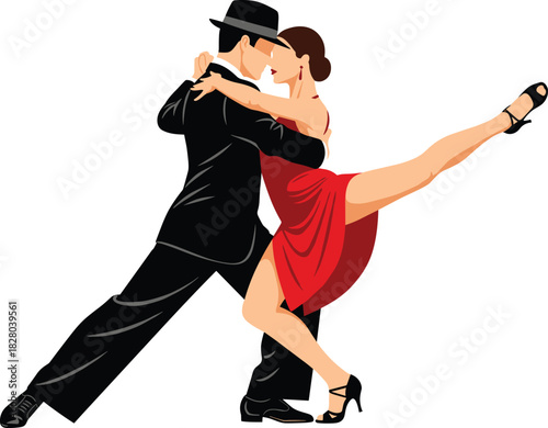 Tango dance illustration, elegant couple in dramatic pose with red dress and black suit, cultural performance vector drawing art
