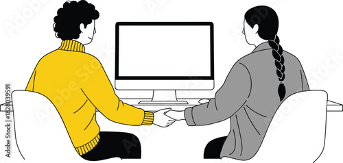 Tech and support illustration, two people holding hands at computer, emotional connection in workspace, casual office vector drawing