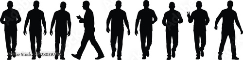 Walking and standing silhouette illustration, male figure poses, gesture and motion study, body language concept, vector drawing art
