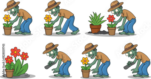 Set of funny cartoon zombie gardener characters planting flowers in pots vector illustration isolated on white.