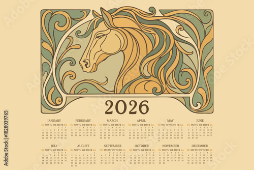 Calendar 2026. Week starts on Sunday. Chinese NewYear of Horse. Art nouveau style