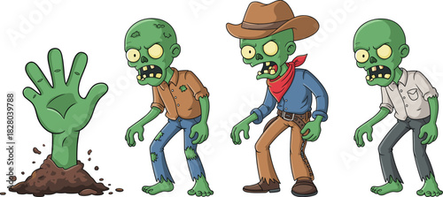 Set of green cartoon zombie characters including cowboy and hand rising from ground vector illustration isolated on white.