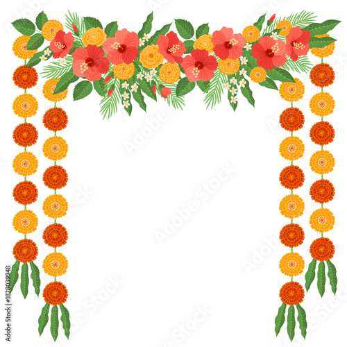 Traditional Indian Flower Garland with Marigolds, Hibiscus and mango leaves. Perfect for Indian Hindu festivals or wedding ceremonies.