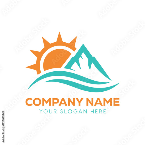 Minimalist mountain peak, rising sun, and flowing wave logo concept for outdoor adventure or global travel agency brand