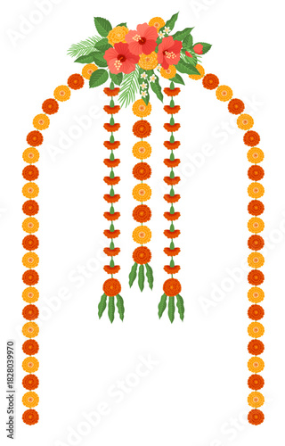 Traditional Indian flower arch with marigold flowers and mango leaves. Decoration for Indian Hindu holidays or weddings.