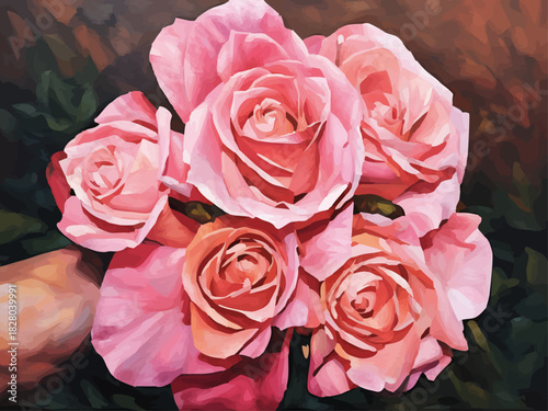 A bouquet of pink roses held in a hand against the chocolate-brown and dark-green background; a digital acrylic-style painting and vector illustration for Valentine's day or birthday greeting cards.