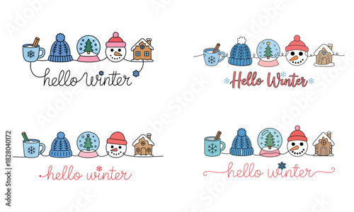 Hello winter cute illustration with snowman hats mugs and small houses for seasonal design
