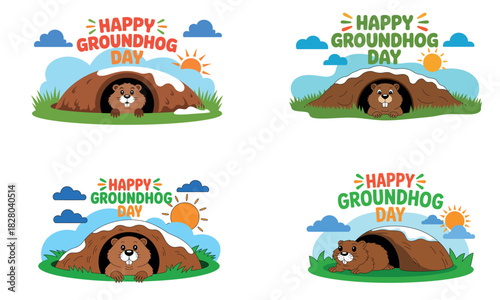 Happy groundhog day cartoon illustration with groundhog in burrow and seasonal landscape
