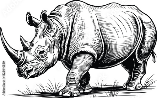 Detailed Drawing of Rhinoceros Walking in Grassy Field