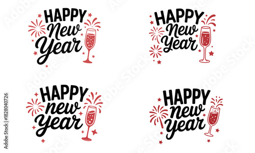 Happy new year lettering with fireworks and champagne glass for festive celebration design
