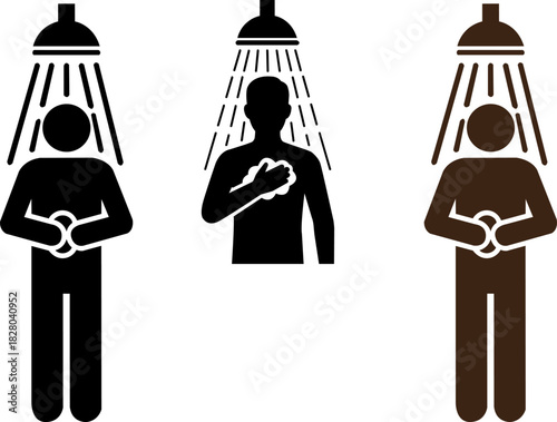 Three stylized human figures under shower heads in silhouette style