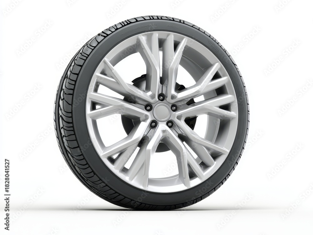 Fototapeta premium This sleek silver alloy wheel features a detailed and modern design, prominently displayed on a simple white background, highlighting its elegance and craftsmanship