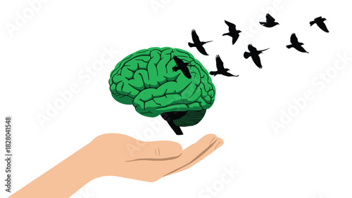 A human hand releasing a green brain and flock of birds into bright open space