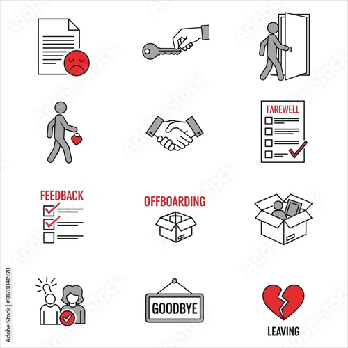Workplace exit and employee offboarding concept line icons isolated on white background, Vector
