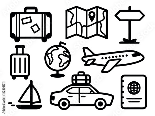 A collection of travel icons representing various modes of transportation and travel essentials for a journey.