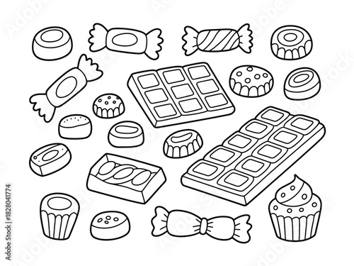 A collection of various sweets, including chocolates, candies, and a cupcake, are arranged on a white background.