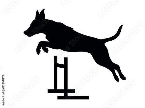 Silhouette of a dog leaping over an agility jump, showcasing athleticism and training.