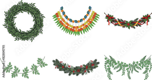 Set of six decorative botanical elements isolated on transparent background, perfect for adding a touch of nature