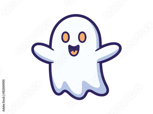 A cute and friendly cartoon ghost character with a happy expression and outstretched arms.
