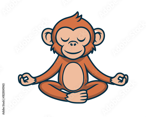 A cute cartoon monkey sits peacefully in a meditation pose with eyes closed and hands in the mudra gesture.