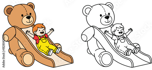 Happy little boy playing and sliding down a giant teddy bear slide cute vector illustration set in color and black and white outline for coloring book.