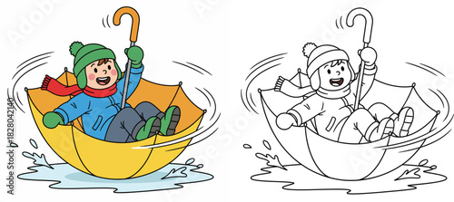 Happy little boy playing inside upside down yellow umbrella floating in rain puddle cute vector illustration set in color and black and white outline for coloring book.
