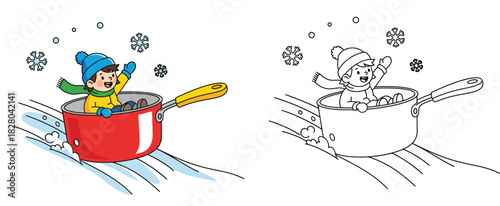 Happy little boy sledding down a snowy hill inside a giant red cooking pot cute winter vector illustration set in color and black and white outline for coloring book.