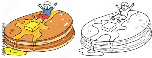 Happy little boy sliding down giant pancakes with melting butter and syrup cute vector illustration set in color and black and white outline for coloring book.