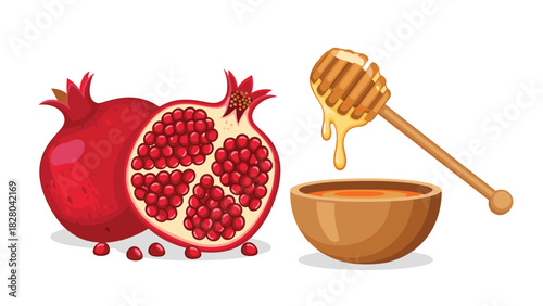 Sweet honey dripping from dipper to bowl beside ripe pomegranates, a symbol of Rosh Hashanah and a sweet new year celebration