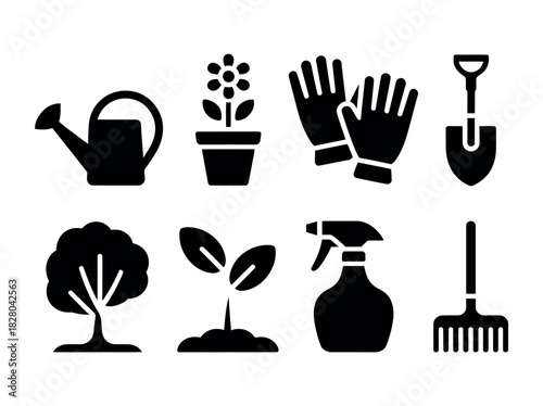 A collection of icons representing gardening tools and plants is displayed.