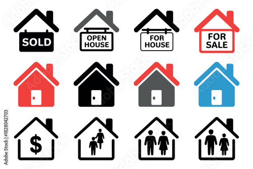 A collection of icons depicting various real estate concepts including sold, open house, and for sale signs.
