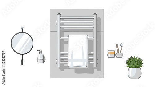 Modern bathroom scene with heated towel rack, stylish mirror, and decorative plant for a minimalist interior design concept