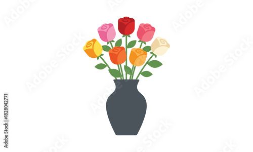 A colorful bouquet of roses in a dark vase isolated on white background