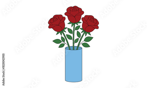 Three red roses in a light blue vase isolated on white background