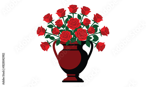 A rich bouquet of vibrant red roses in a dark vase isolated on white background