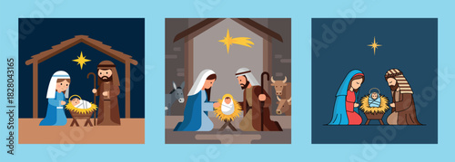 Vector illustration of set of three Nativity scenes with Mary, Joseph and baby Jesus in manger. Concept of Christian holiday, Christmas story and religious tradition