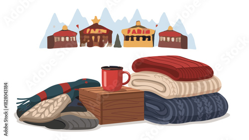 Cozy winter scene with warm knitwear, scarf, and hot cocoa against a backdrop of snowy mountains creating a feeling of comfort