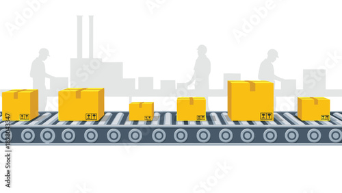 Efficient manufacturing with yellow boxes on a conveyor belt, showing automated production and streamlined distribution processes
