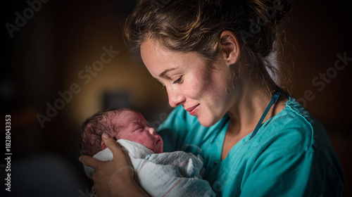 New mother joyfully holds her newborn in a warm hospital room