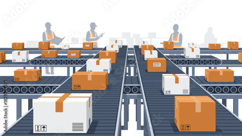 Efficient automated distribution center with packages moving smoothly on conveyor belts, perfect for logistics and supply chain management visuals