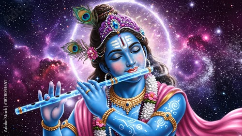 Lord Shiva wallpaper with his flute against a cosmic galaxy perfect for spiritual designs, backgrounds, meditation apps, and religious themes