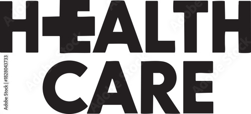 Bold healthcare text illustration for medical providers and hospitals with cross symbol