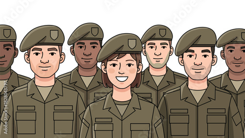Empowering military team of diverse soldiers standing together proudly in uniform, ready to serve and defend with courage and strength