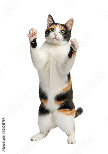 young calico cat with distinct white, black, and orange fur balancing on hind legs, forepaws raised high, mischievous and playful expression, transparent studio background. concept of animal agility