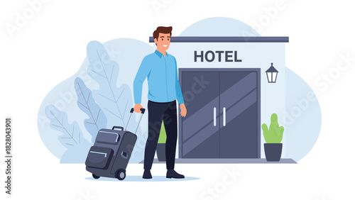 Happy traveler arriving at modern hotel with luggage ready for a relaxing stay and fun vacation enjoying a break away from work