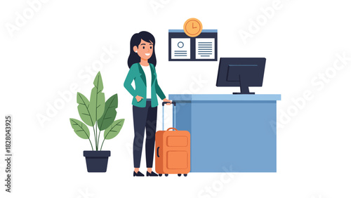Businesswoman ready for her next adventure, checking in at a modern hotel reception with luggage for a seamless and efficient experience